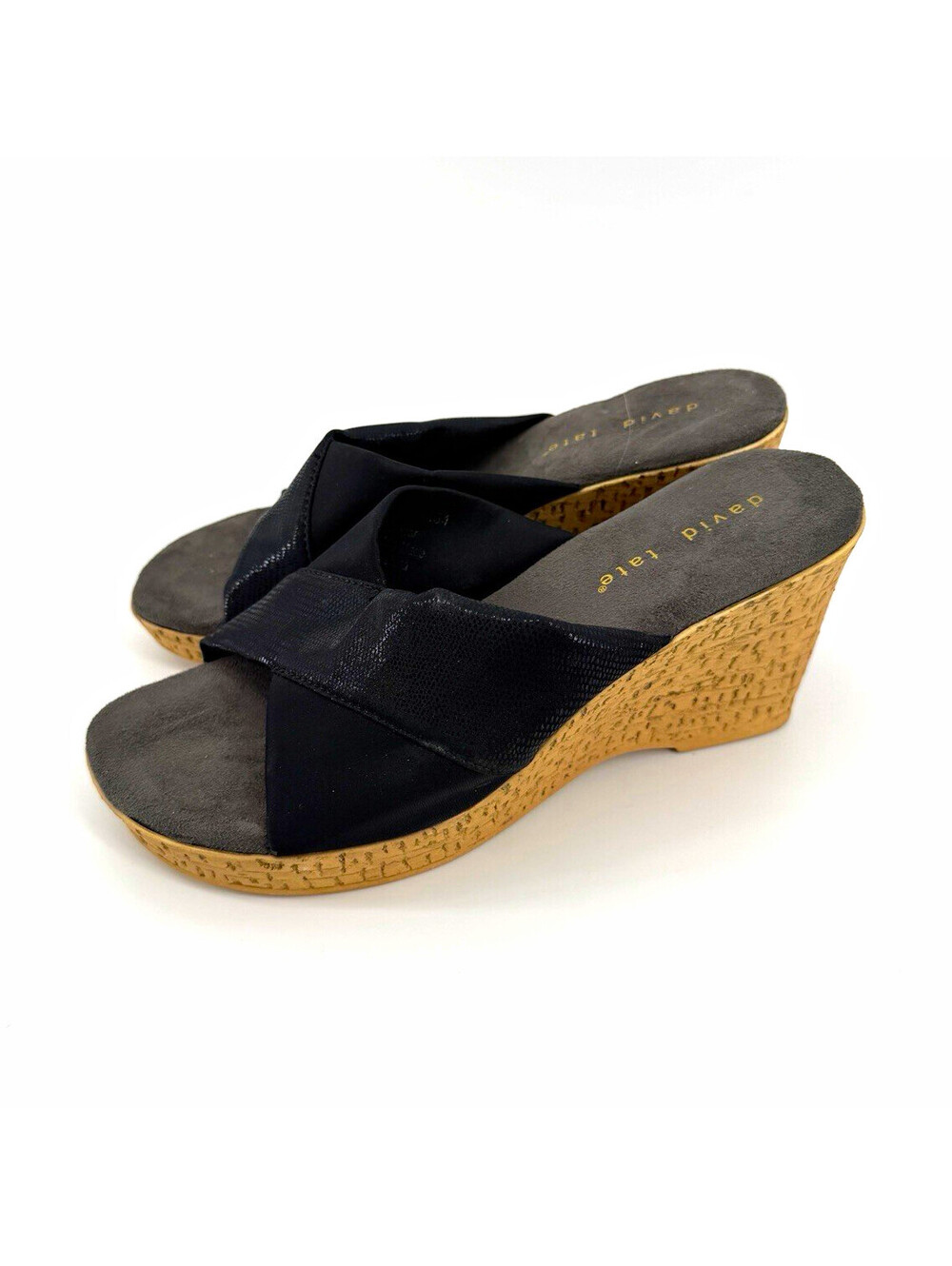 David Tate Women's Black Slip-On Wedge Slide Sandals Solid Logo Casual
